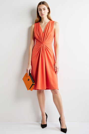 Ruched Orange V-Neck A Line Work Dress